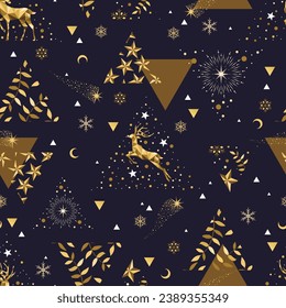 Christmas gold triangle pattern. Seamless background with deers and crescents. Celebration design for paper, cover, fabric, interior decor and other.