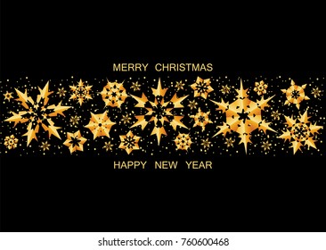 Christmas gold vector background with gold snowflakes. Decorative Christmas greeting card template on a black background. Vector illustration. EPS 10.