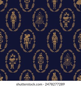 Christmas gold vector seamless Nutcracker pattern.  Can be used for wallpaper, pattern fills, web page background, surface textures.