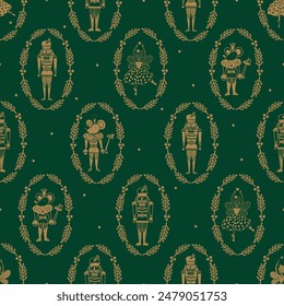 Christmas gold vector seamless Nutcracker pattern.  Can be used for wallpaper, pattern fills, web page background, surface textures.