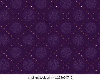 Christmas gold and violet snowflakes, luxury winter seamless pattern. Decorative xmas flower repeatable motif for fabric, background, surface design. Stock vector illustration.