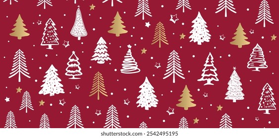 Christmas gold and white tree, pattern on red background, Hand drawn illustrations.	