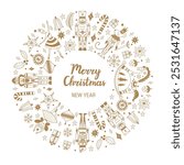 Christmas gold wreath with cute motifs from the ballet Nutcracker. Vector template. Retro design. Coloring page.