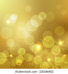 Christmas Golden Background bokeh effect with defocused lights and snowflakes.. Vector illustration EPS10