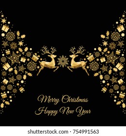 Christmas golden background. Gold Xmas reindeer and  decoration. Vector template  for greeting  card.