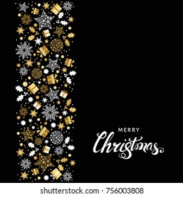 Christmas golden background. Gold Xmas pattern and white lettering. Vector  greeting  card.