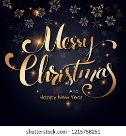 Christmas golden background. Lettering Merry Christmas card vector Illustration. Happy new year.