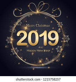 Christmas golden background. Lettering Merry Christmas card vector Illustration. Happy new year.