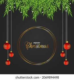 Christmas golden ball with Christmas frame background design - Christmas red ball hanging - pine Christmas tree - golden frame