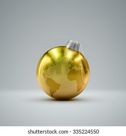 Christmas golden ball. Holiday vector illustration of traditional festive Xmas bauble with global map. Merry Christmas and Happy New Year greeting card design element. 