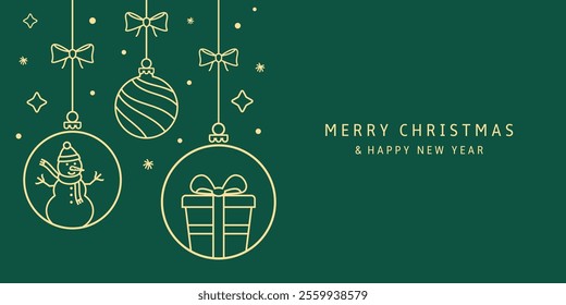 Christmas golden ball icon isolated on a green background. Christmas card with holidays decoration.