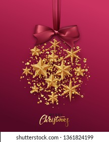 Christmas golden ball made of gold stars. Christmas greeting card. Xmas Background