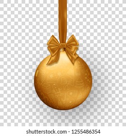 Christmas golden ball with ribbon and bow isolatedon the transparent background. Vector illustration
