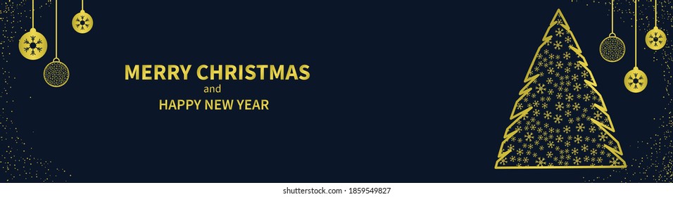 Christmas golden balls and abstract Christmas tree made of snowflakes on a dark blue background. Horizontal Christmas banner, headers, sites. Flat modern design. Vector illustration