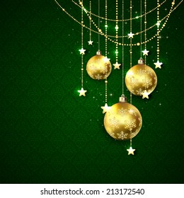 Christmas golden balls and decorative elements on green wallpaper, illustration.