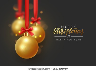 Christmas golden balls hang on red ribbon with bow. Xmas bauble with realistic light blur bokeh effect.