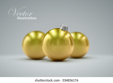 Christmas golden balls. Holiday vector illustration of traditional festive Xmas baubles. Merry Christmas and Happy New Year greeting card design element. 