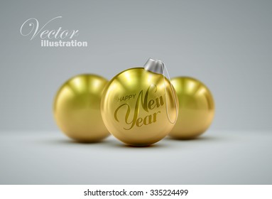 Christmas golden balls. Holiday vector illustration of traditional festive Xmas baubles. Merry Christmas and Happy New Year greeting card design element. 