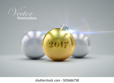 Christmas golden balls. Holiday vector illustration of traditional festive New Year baubles. Merry Christmas and Happy New 2017 Year greeting card design element.