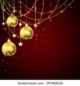 Christmas golden balls, stars and decorative elements on red wallpaper, illustration.