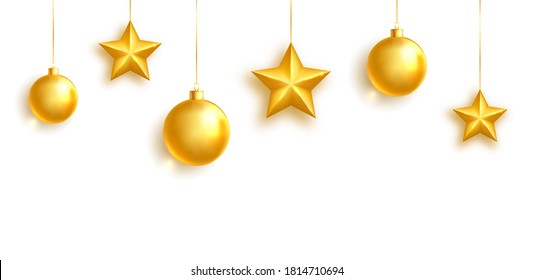 Christmas golden balls and stars on white background. Gold glass xmas toys. Luxury hanging baubles with ribbon. Bright Holiday ornament decoration. Festive glitter garland. Vector illustration.