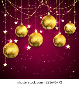 Christmas golden balls and stars on purple background, illustration.