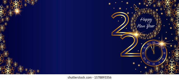 christmas golden banner, 2020 happy new year. Clock on new year's eve on a dark blue background with Golden snowflakes. Vector card.