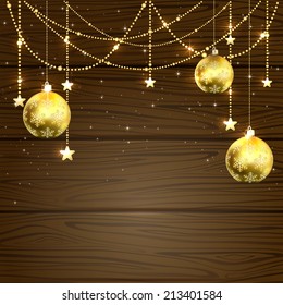 Christmas golden baubles and decorative elements on wooden wallpaper, illustration.