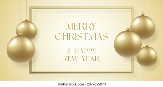 Christmas Golden Baubles on Light Gold Background. Modern Glitter Greetings Frame Template. Winter Holiday Social Media Card or Poster Mockup. New Year 3D Ball Social Network Banner.