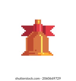 Christmas golden bell. Greeting card design. Pixel art style. Isolated vector illustration