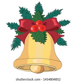 Christmas golden bell and holly. Dark red bow. Christmas decorations. Tree branches. Vector illustration.