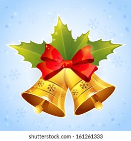 Christmas golden bells with holly leaves and festive red bow on snowflakes background