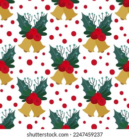 Christmas golden bells with holly leaves, mistletoe and red berries. Bright festival seamless pattern. Winter flora. 