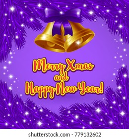 Christmas Golden bells on violet background