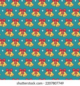 Patrón de campanas doradas de Navidad. Vector de fondo transparente con elementos de vacaciones de Navidad dibujados a mano con contorno. Campanas con arco. Ilustración de repetición de Doodle.
