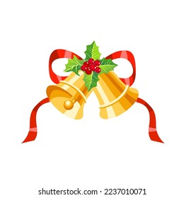 Christmas golden bells red ribbon bow and holly berries vector cartoon illustration.