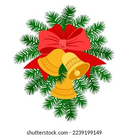 Christmas golden bells red ribbon bow fir brunches vector cartoon illustration.