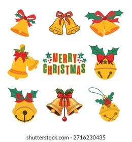 Conjunto de vetor de sinos dourados de Natal. Jingle Bell Ícones com Arcos Vermelhos, Folhas Holly e Tipografia. Elementos tradicionais para decoração de feriados.
