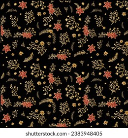 Christmas Golden and black  vintage floral pattern with nature elements. Vector illustration. Christmas .