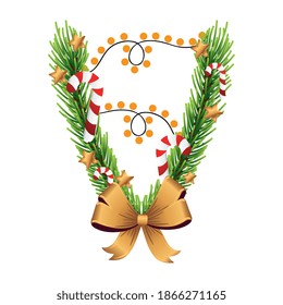 christmas golden bow with pine leafs and lights vector illustration design