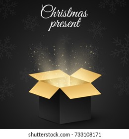 Christmas golden box with a secret gift for the holiday. Abstract glow and golden lights. Dark background. New Year's snowflakes. Open magic gift box. Vector illustration