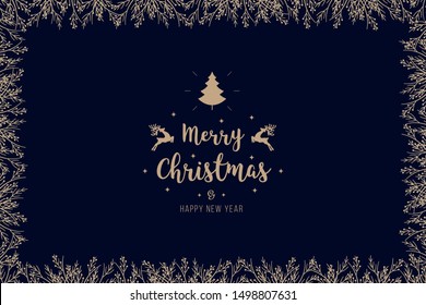 Christmas golden branches border with greetings on blue background card