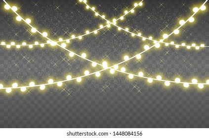 Christmas golden, bright, beautiful lights, design elements. Glowing lights for the design of Christmas greeting cards. Garlands, light Christmas decorations.