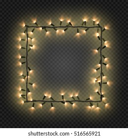 Christmas golden bulbs, garland forming a square, vector. Festive blank quadratic frame with yellow electric garland