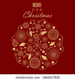 Christmas golden circle ornament isolated on red background. Christmas ball with snowflake pattern. Christmas or New year decorative snowflake baubles. Winter holiday card template.Vector illustration