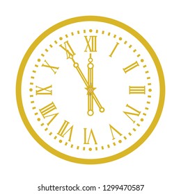 Christmas golden clock chimes of the Kremlin's Spassky tower against white isolated background. The arrows show five minutes to twelve. Happy New Year. Vector illustration.