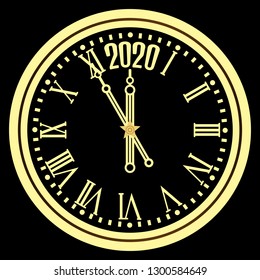 Christmas golden clock chimes of the Kremlin's Spassky tower against black isolated background. The arrows show five minutes to twelve. Happy New Year. Vector illustration.