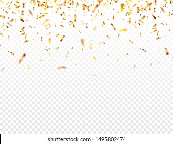 Christmas golden confetti. Falling shiny glitter in gold color. New year, birthday, valentines day design element. Holiday background.