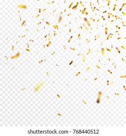 Christmas golden confetti. Falling shiny confetti glitters in gold color. New year, birthday, valentines day design element. Holiday background.