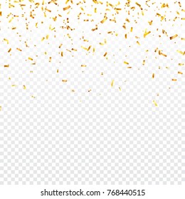 Christmas golden confetti. Falling shiny confetti glitters in gold color. New year, birthday, valentines day design element. Holiday background.